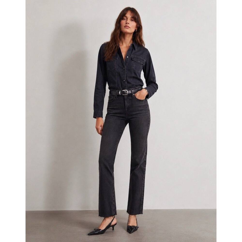 NWT Madewell Mid Rise Stovepipe Jeans Womens 31 Armand Washed Black Raw Hem
